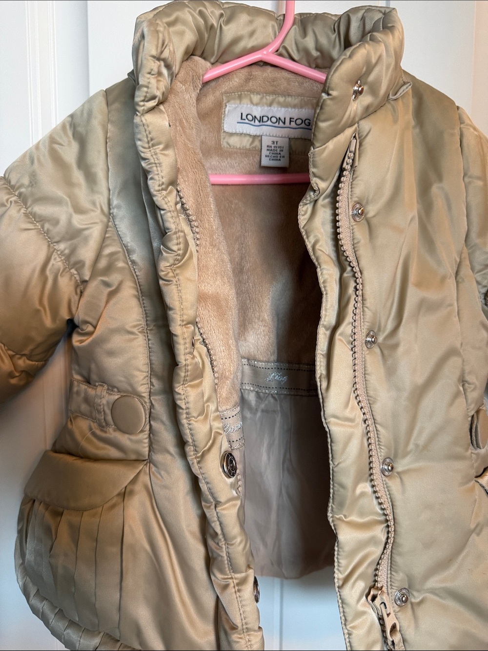 London Fog Girls Khaki Puffer Coat with Faux Fur Lining